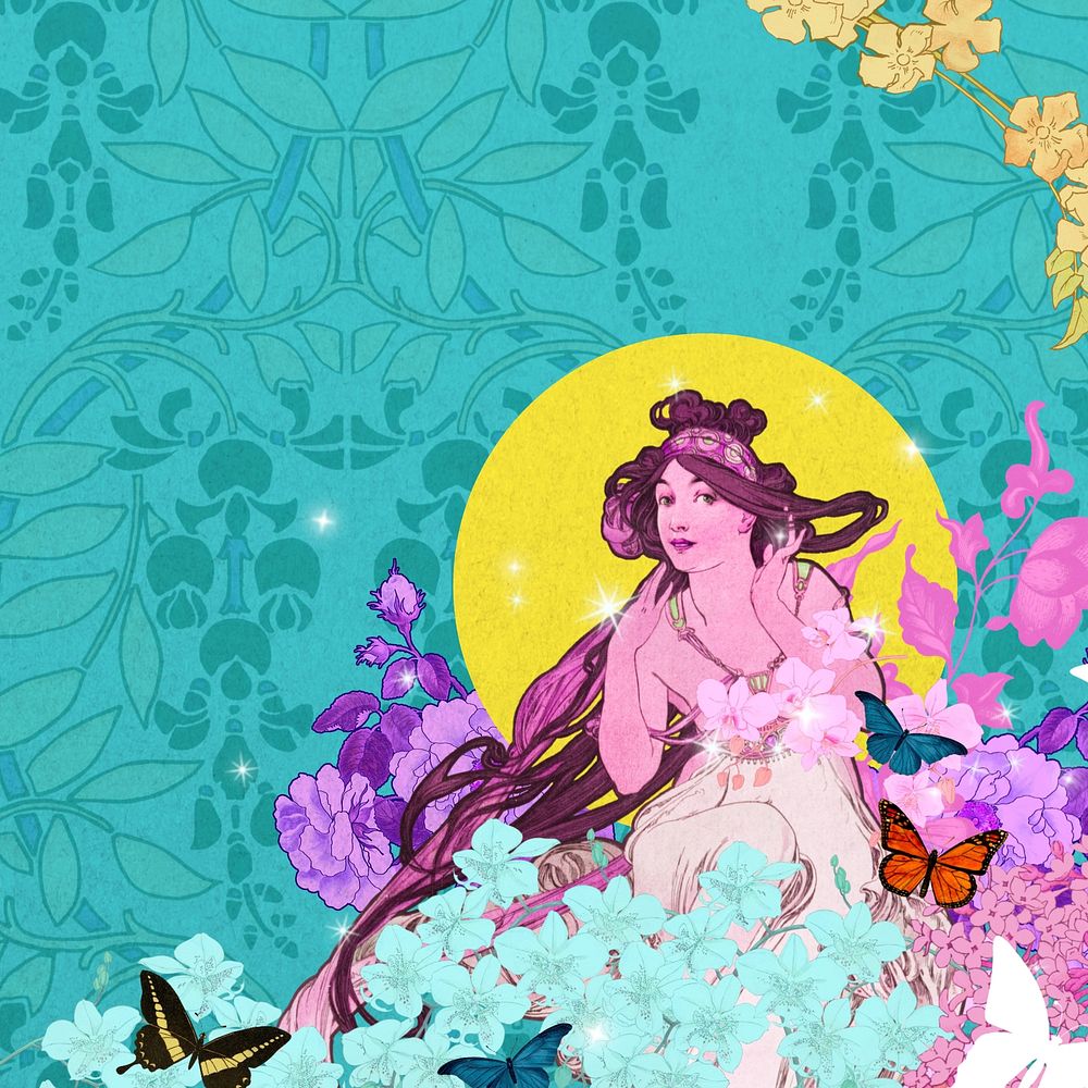Purple flower goddess background, leafy pattern, remixed from the artwork of Alphonse Mucha