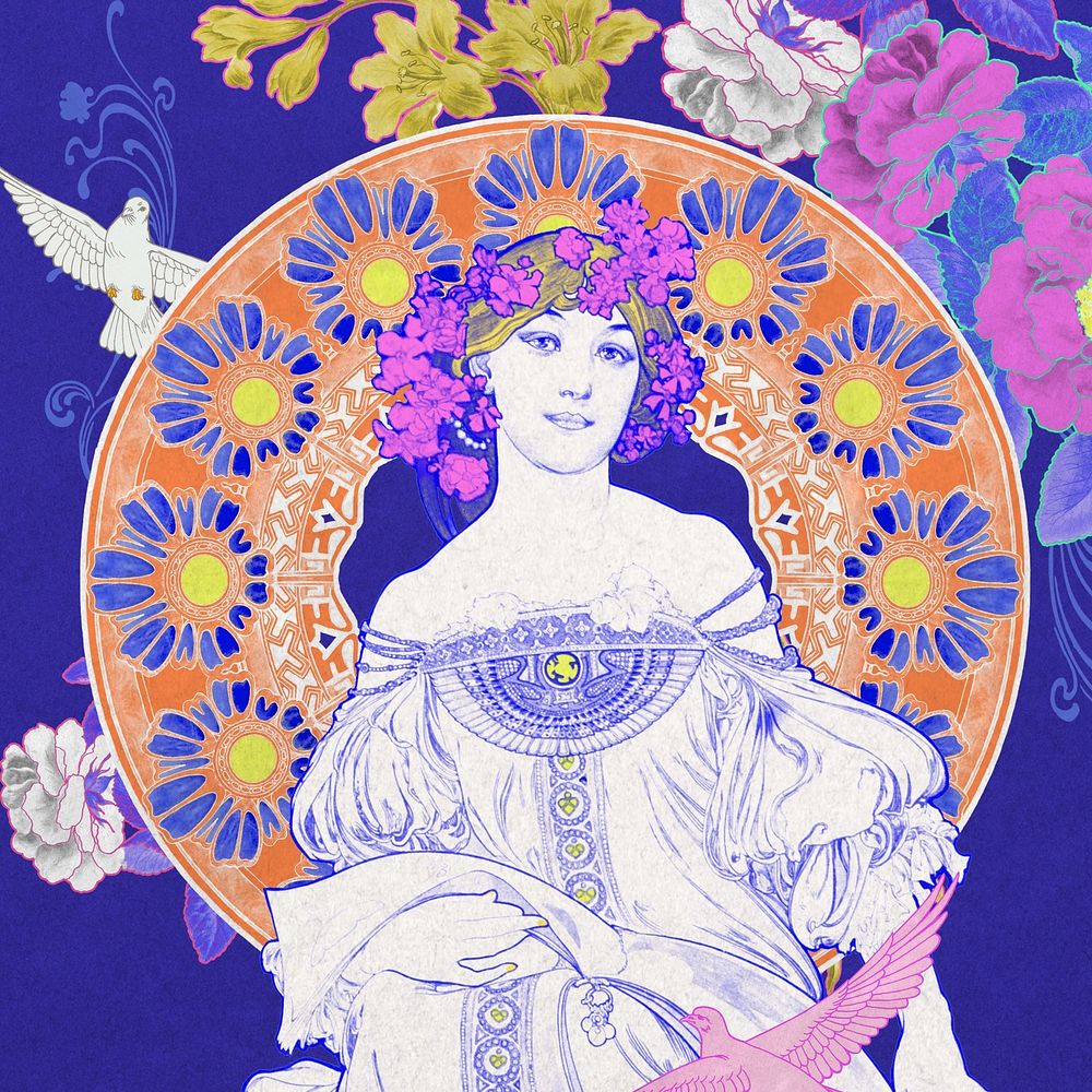 Flower crowned woman, vintage art nouveau, remixed from the artwork of Alphonse Mucha