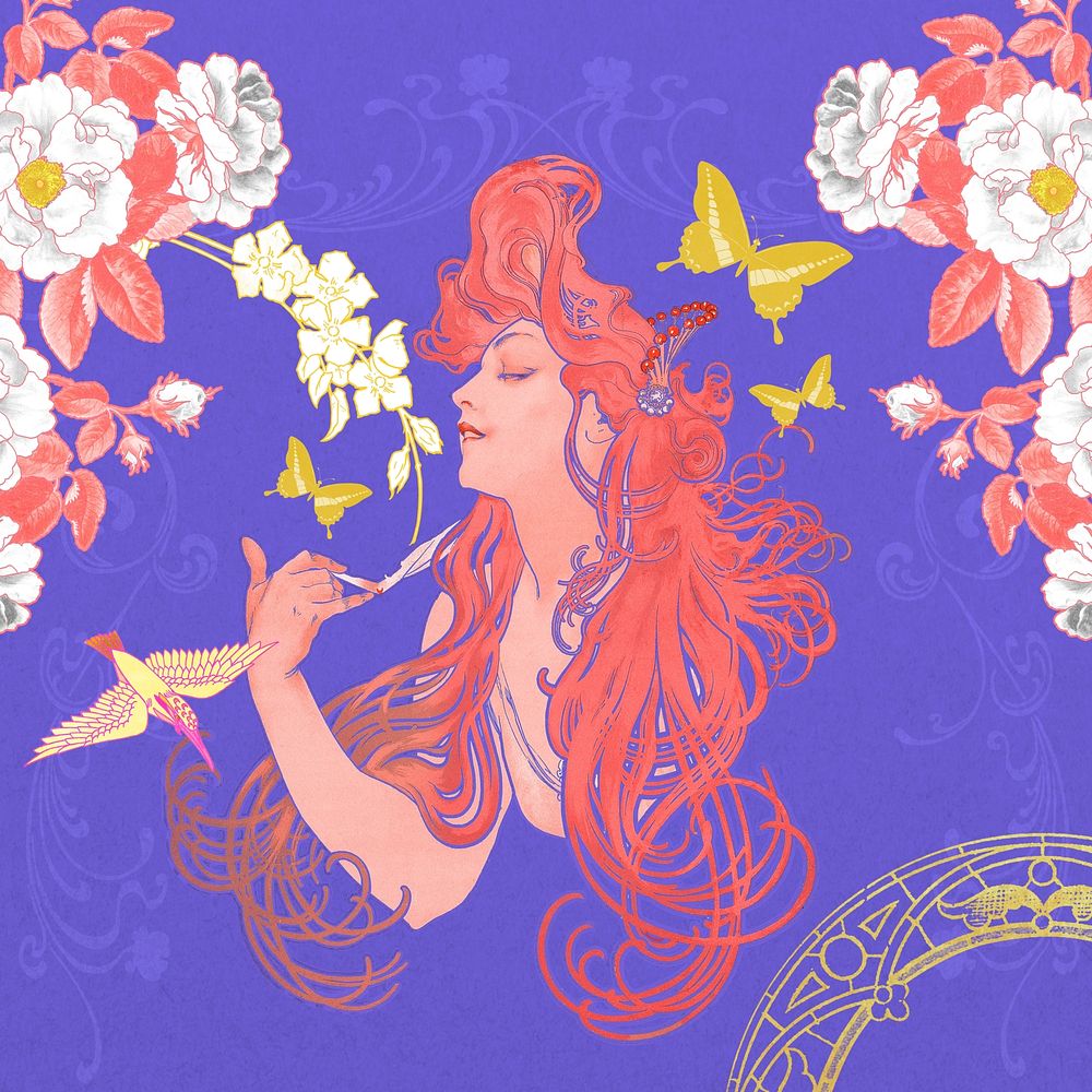 Vintage flower goddess, art nouveau, remixed from the artwork of Alphonse Mucha