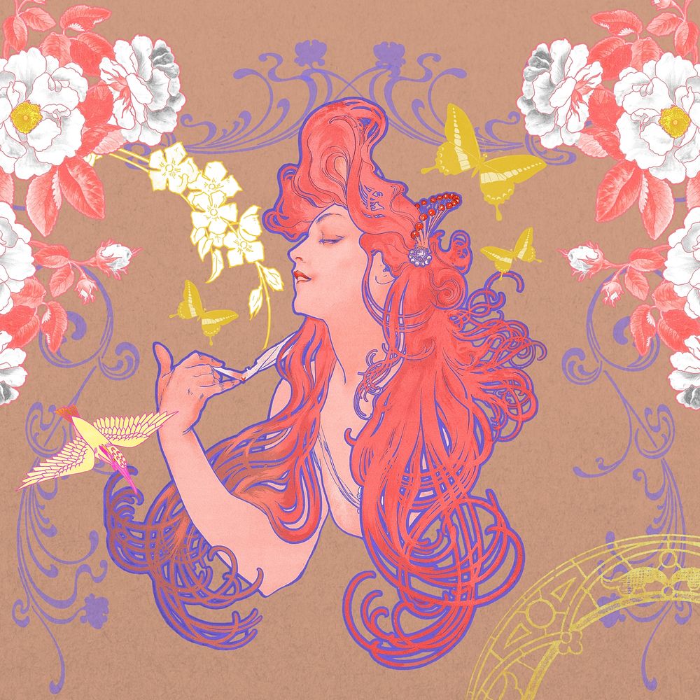 Vintage flower goddess, art nouveau, remixed from the artwork of Alphonse Mucha