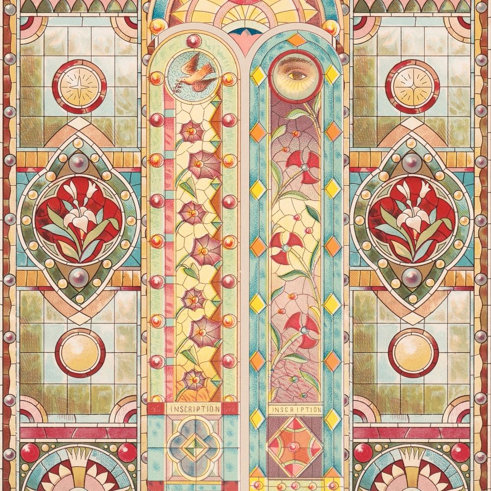 Aesthetic Art Nouveau background, church's stained glass design, remixed by rawpixel