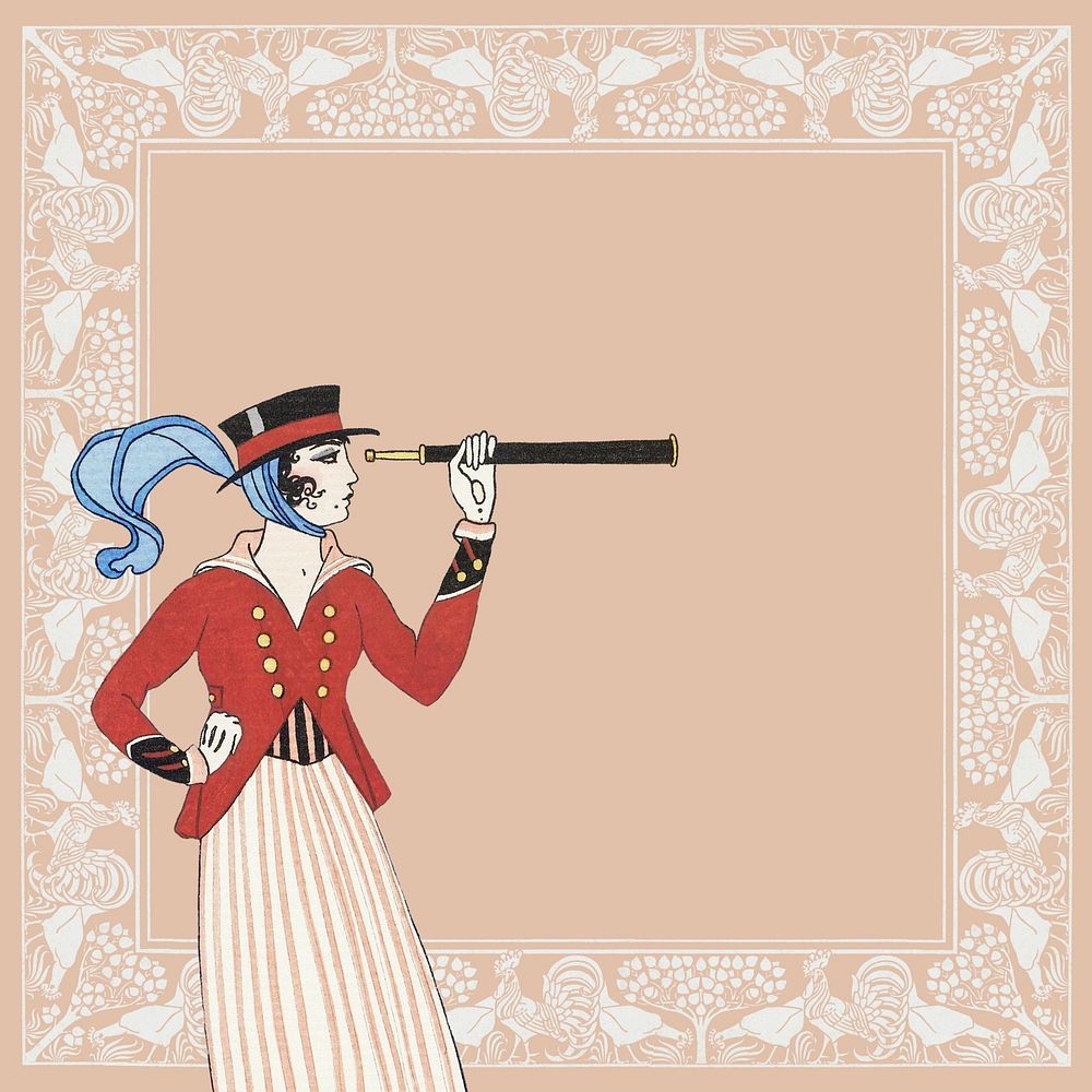 Victorian woman adventurer background, pastel beige frame, remixed from the artwork of George Barbier