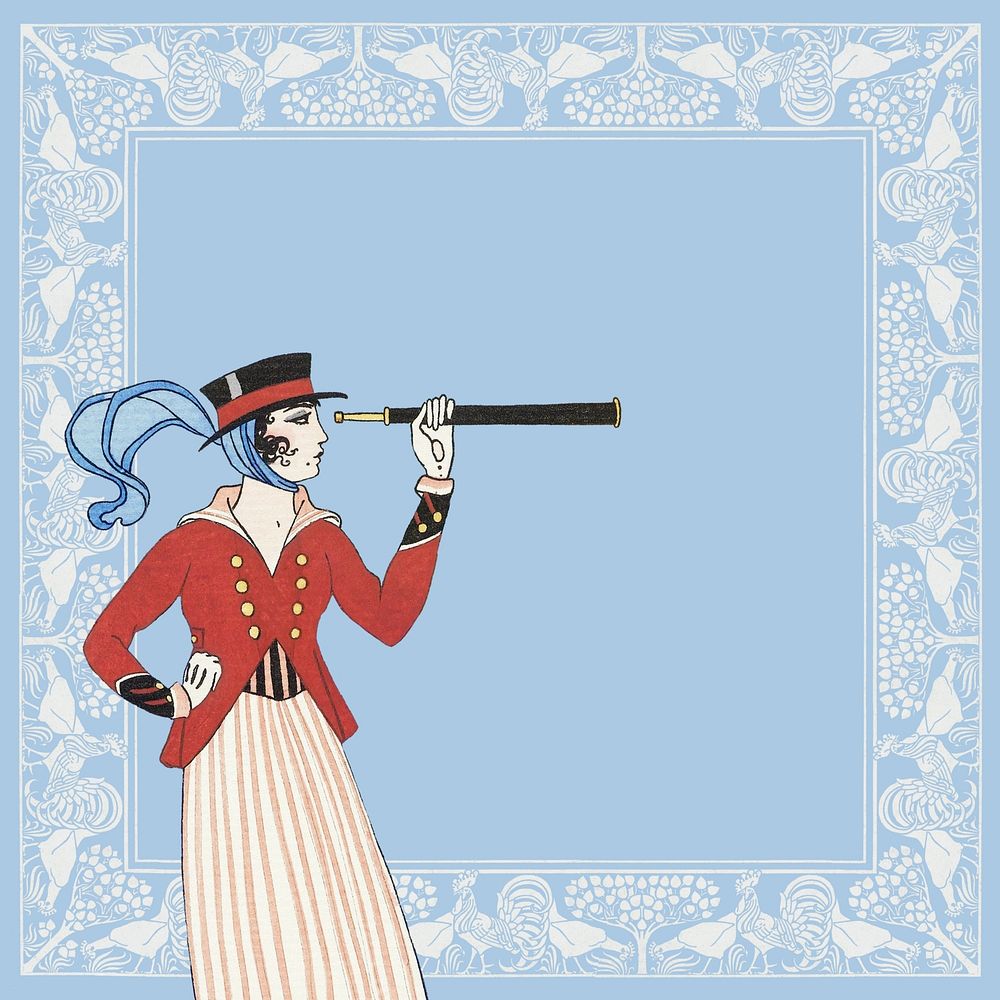 Victorian woman adventurer background, pastel blue frame, remixed from the artwork of George Barbier