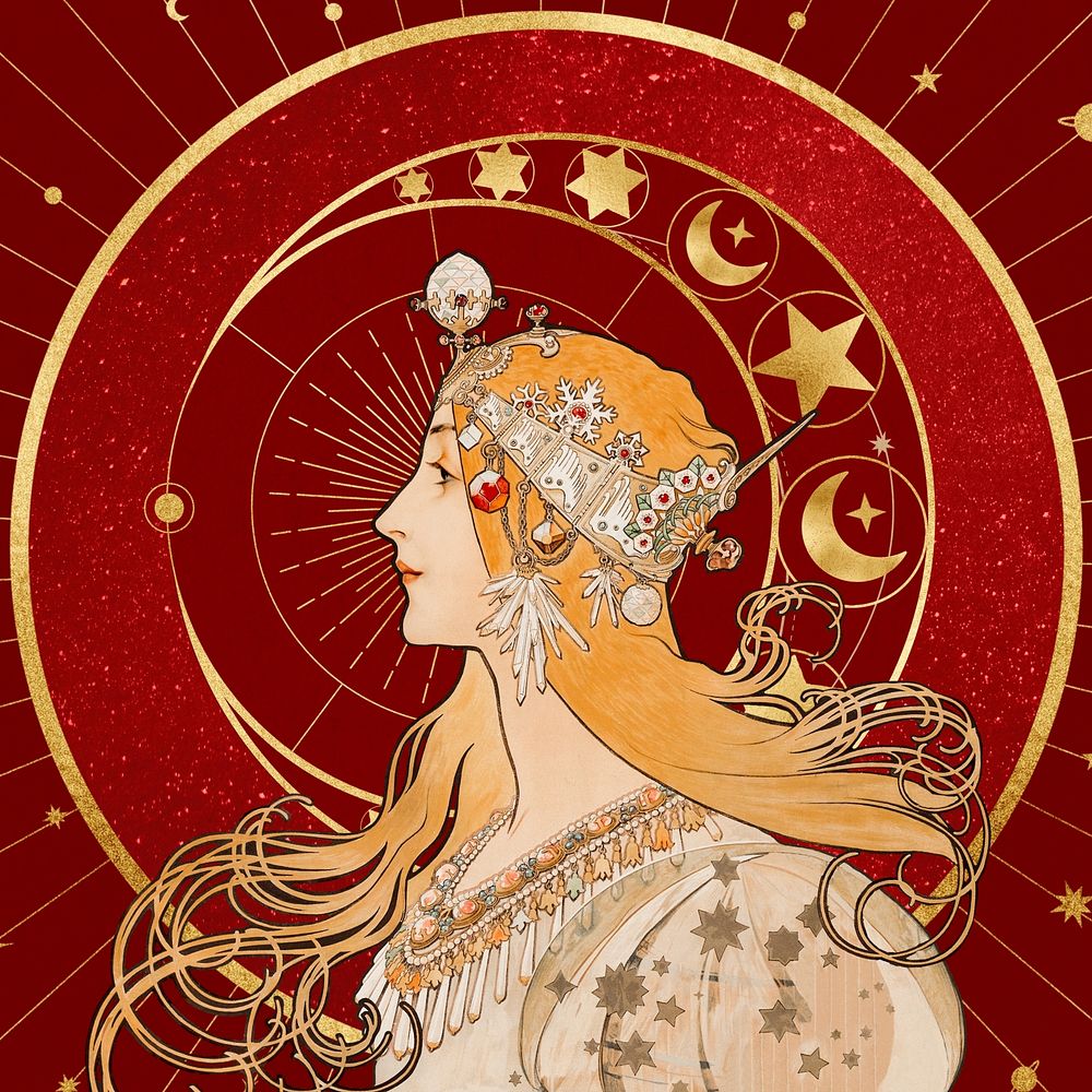 Alphonse Mucha's Zodiac, vintage astrology woman, remixed by rawpixel