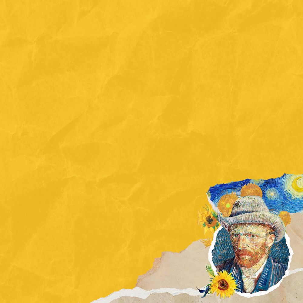 Van Gogh's self-portrait wrinkled yellow paper texture design, remixed by rawpixel