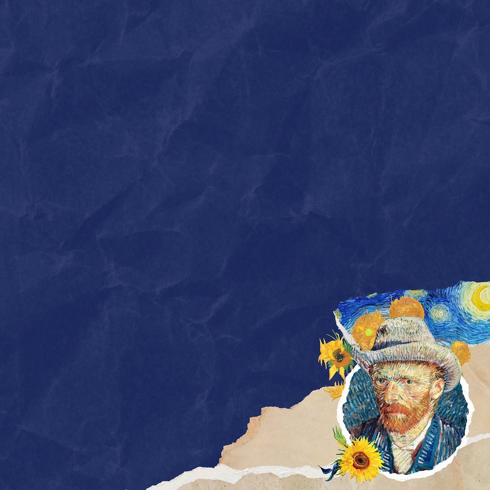 Van Gogh's self-portrait wrinkled blue paper texture design, remixed by rawpixel