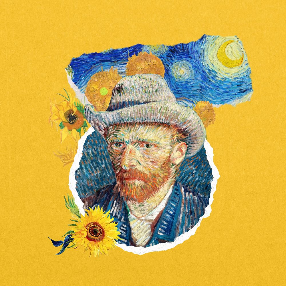 Van Gogh's self-portrait with grey felt hat collage element, remixed by rawpixel