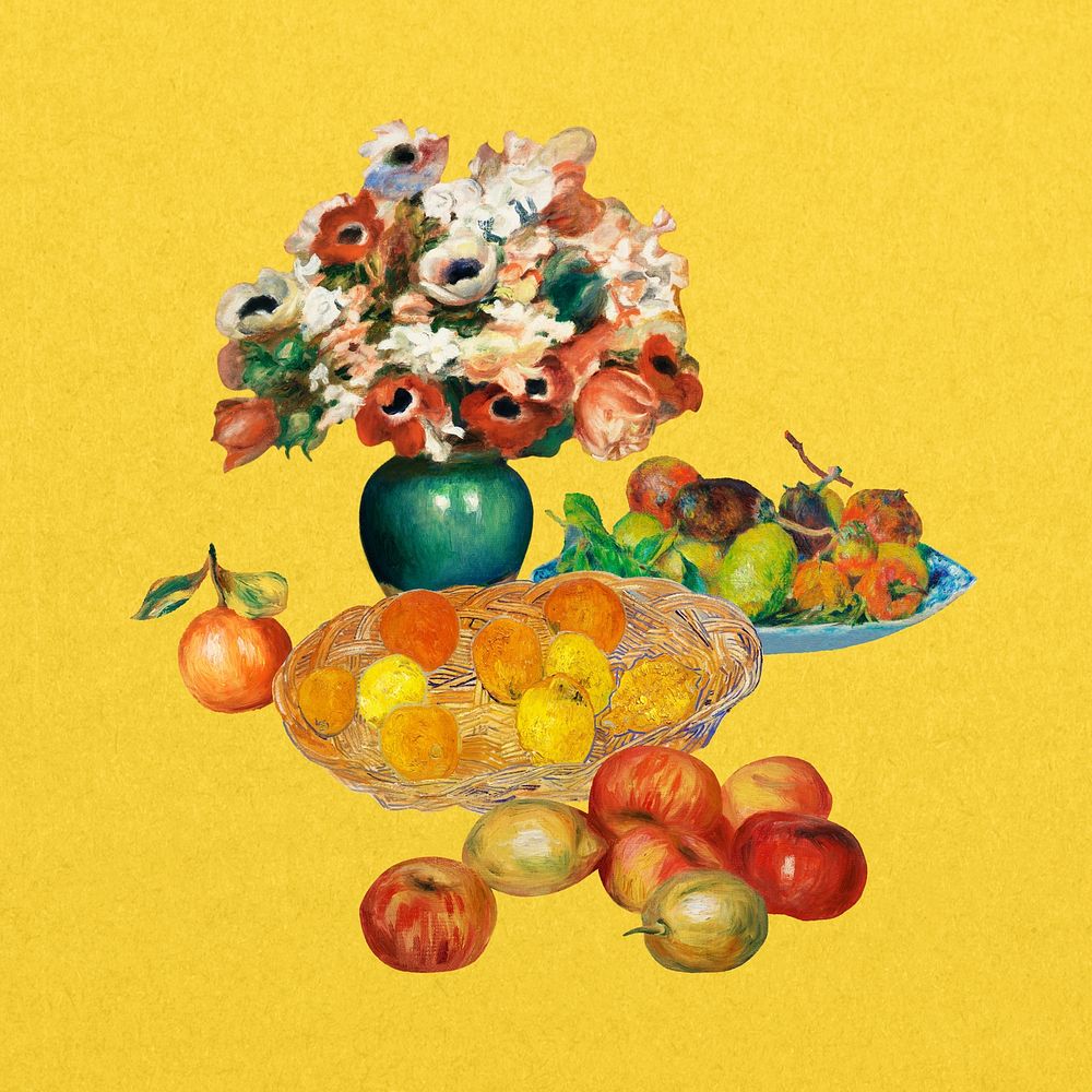 Vintage famous painting, fruits and flowers, remixed by rawpixel