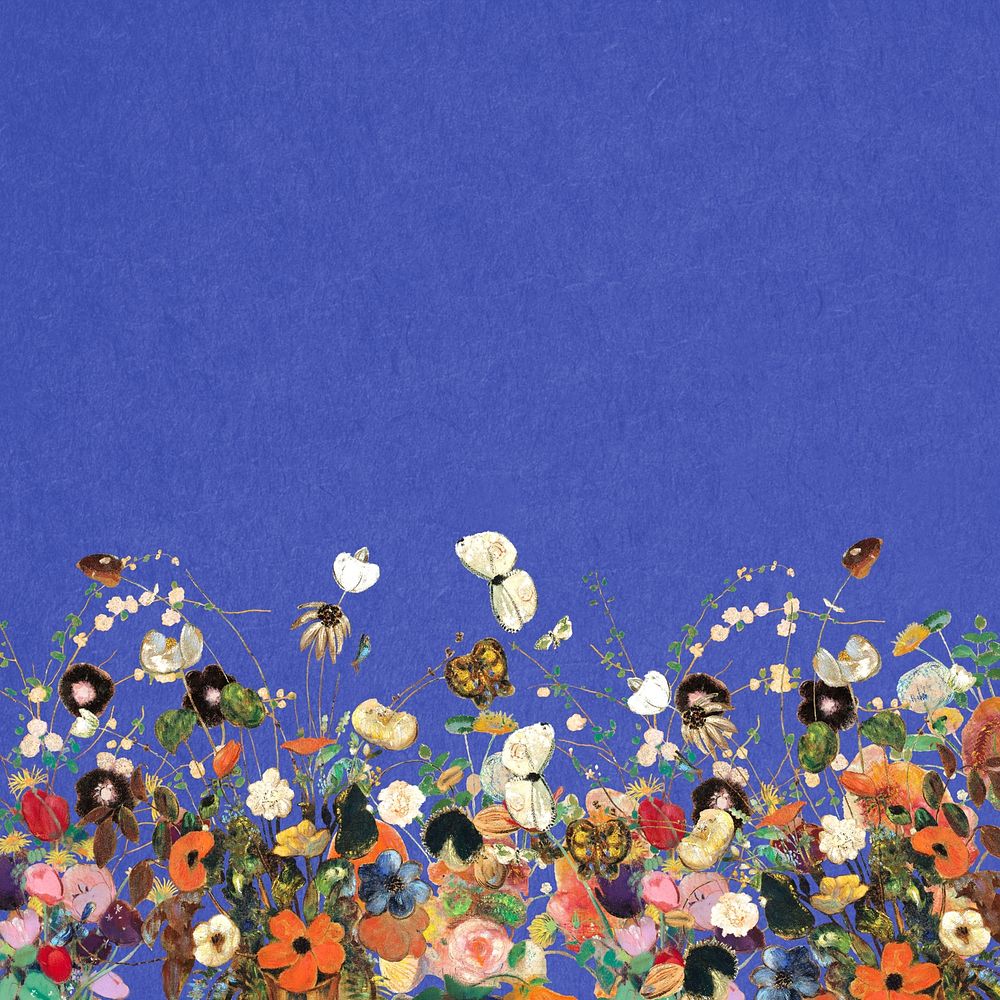 Spring flower border, blue background design, remixed by rawpixel