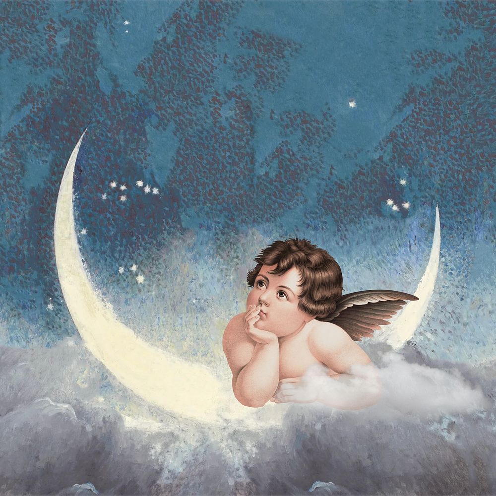 Vintage cherub and crescent moon, remixed by rawpixel