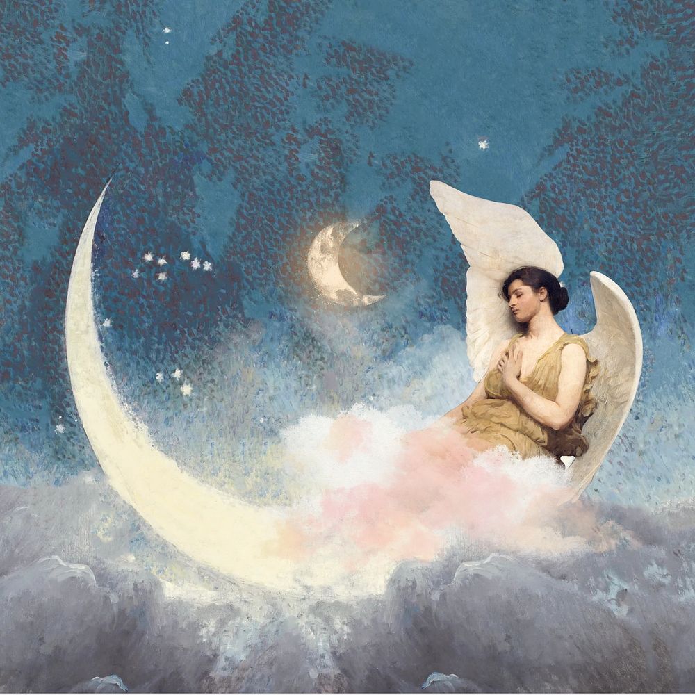 Aesthetic vintage angel background, crescent moon night sky design, remixed by rawpixel