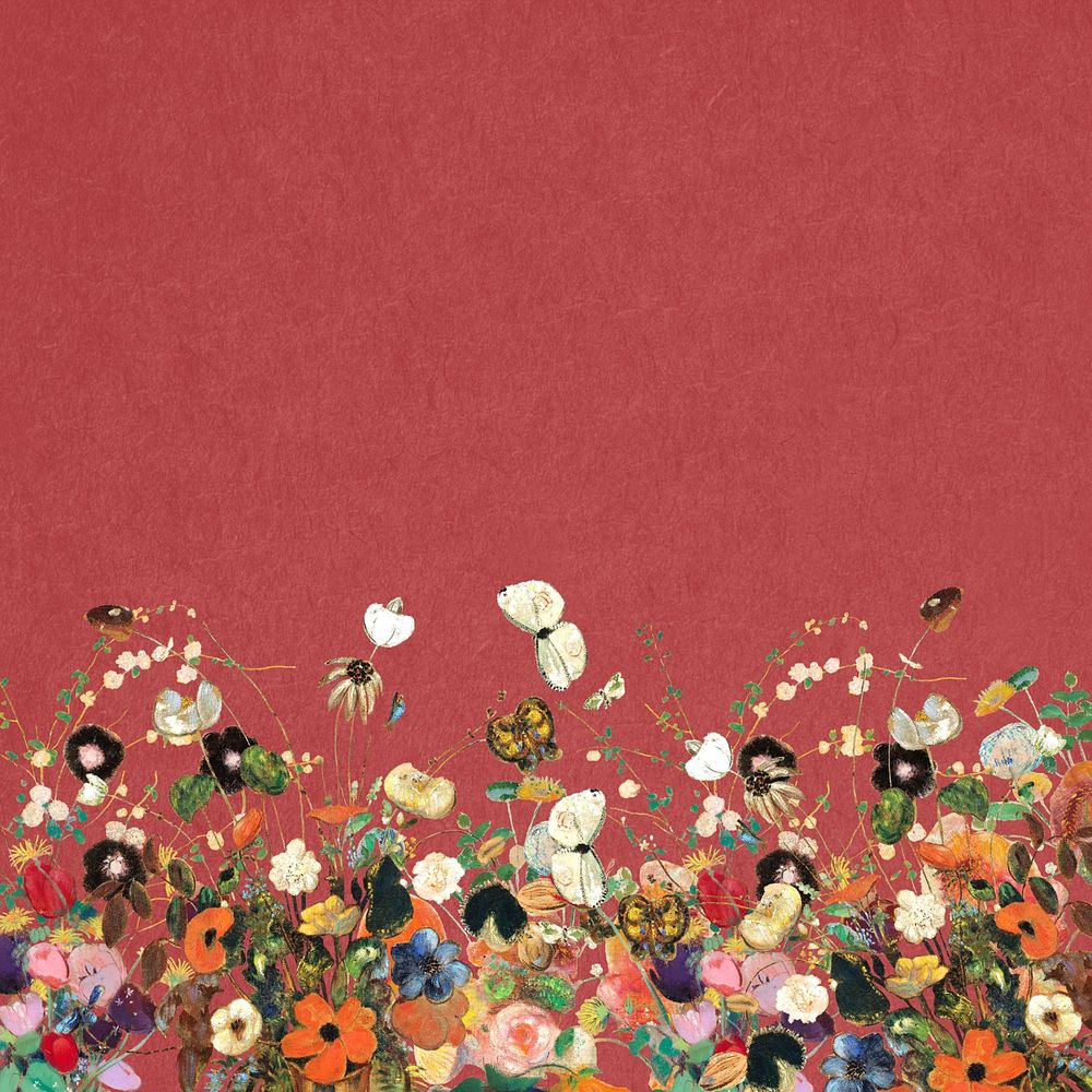 Spring flower border, red background design, remixed by rawpixel