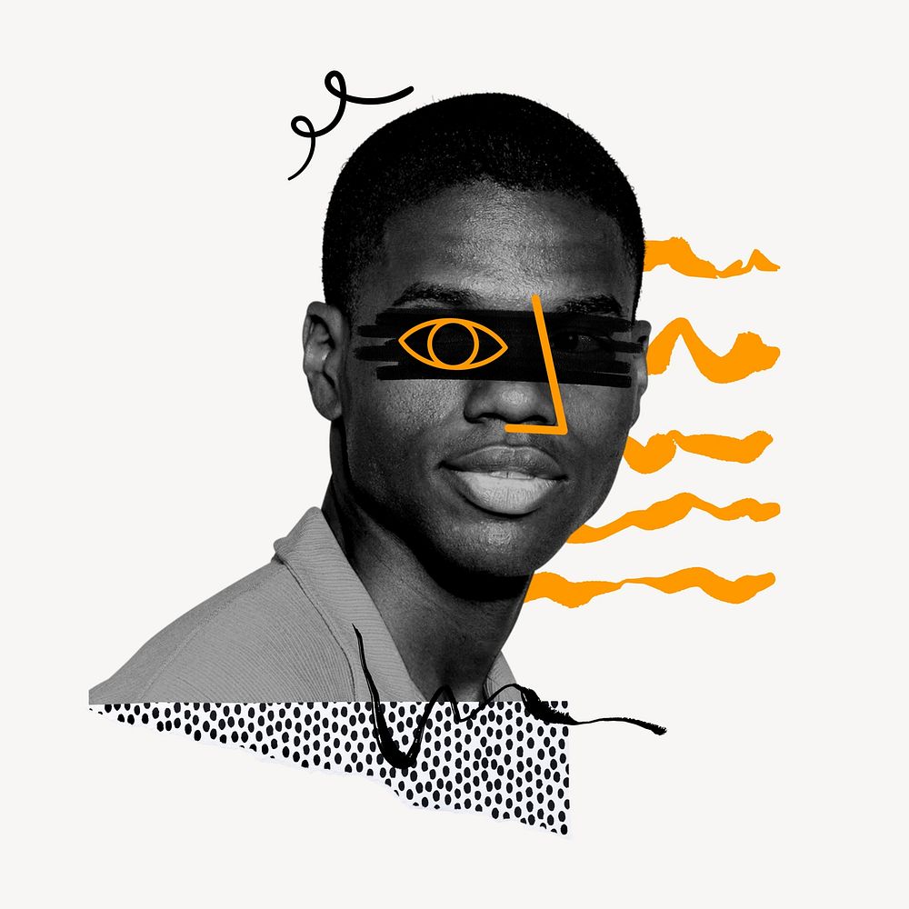 Black man portrait, cute face doodle, abstract collage