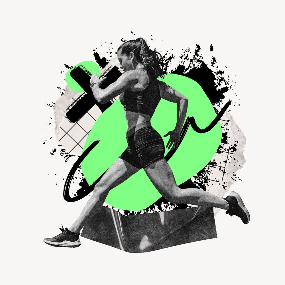 Running fit woman, abstract graffiti collage