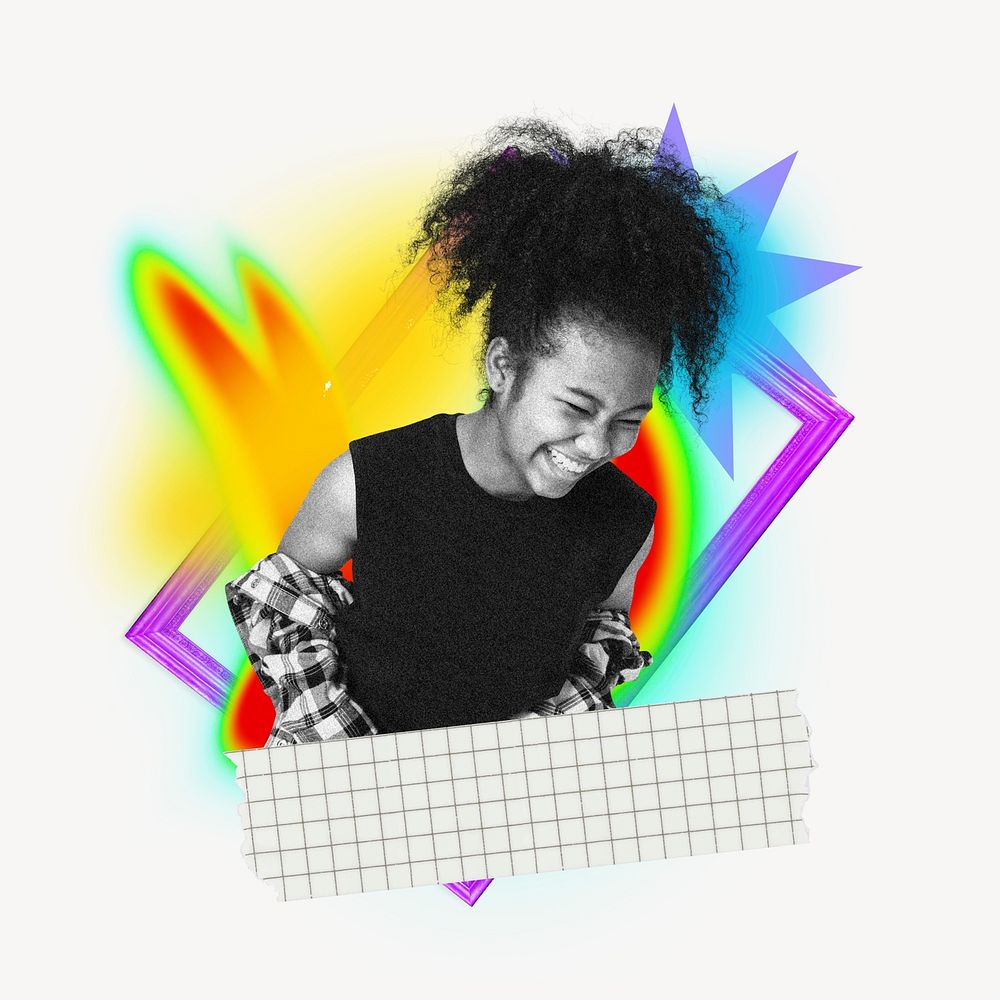 Laughing teenage girl, creative neon gradient remix