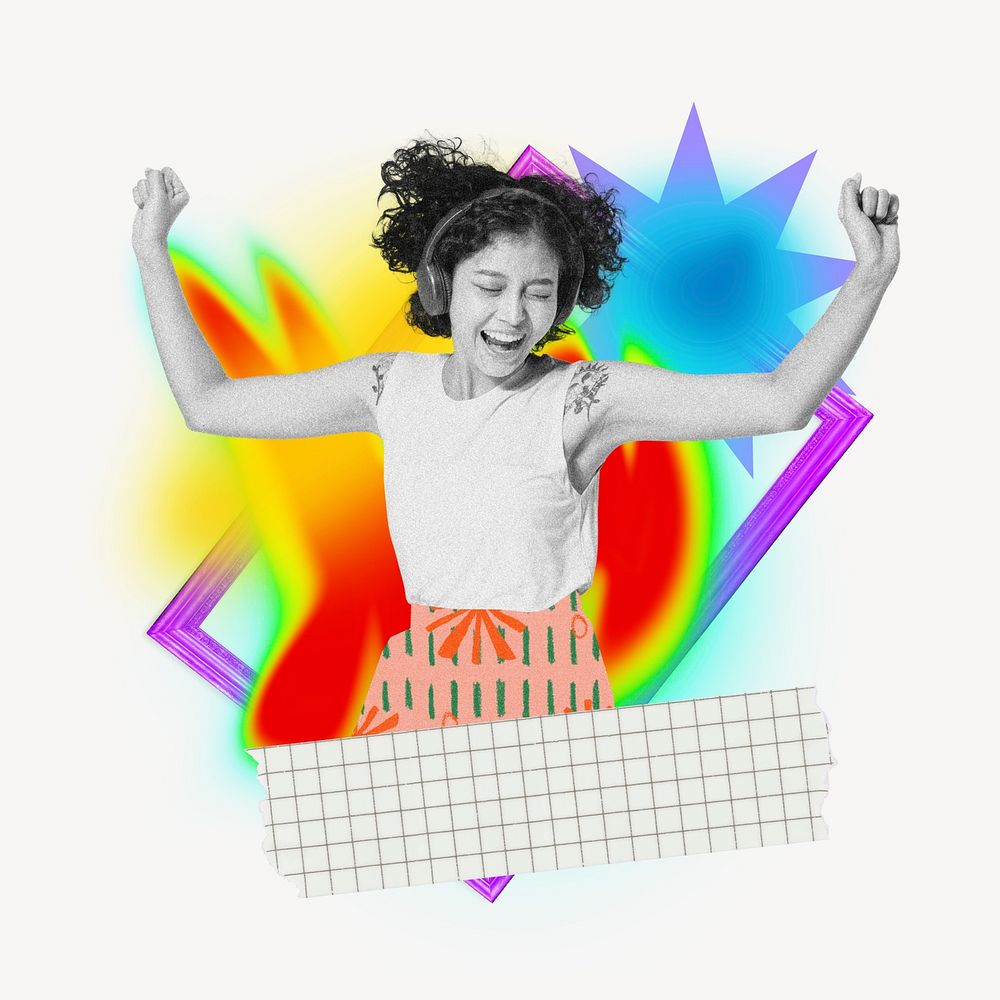 Jumping teenage girl, creative neon gradient remix