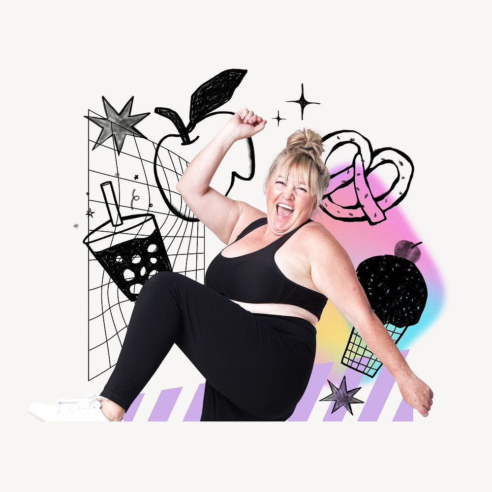 Plus-size woman dancing, creative pastel holographic remix