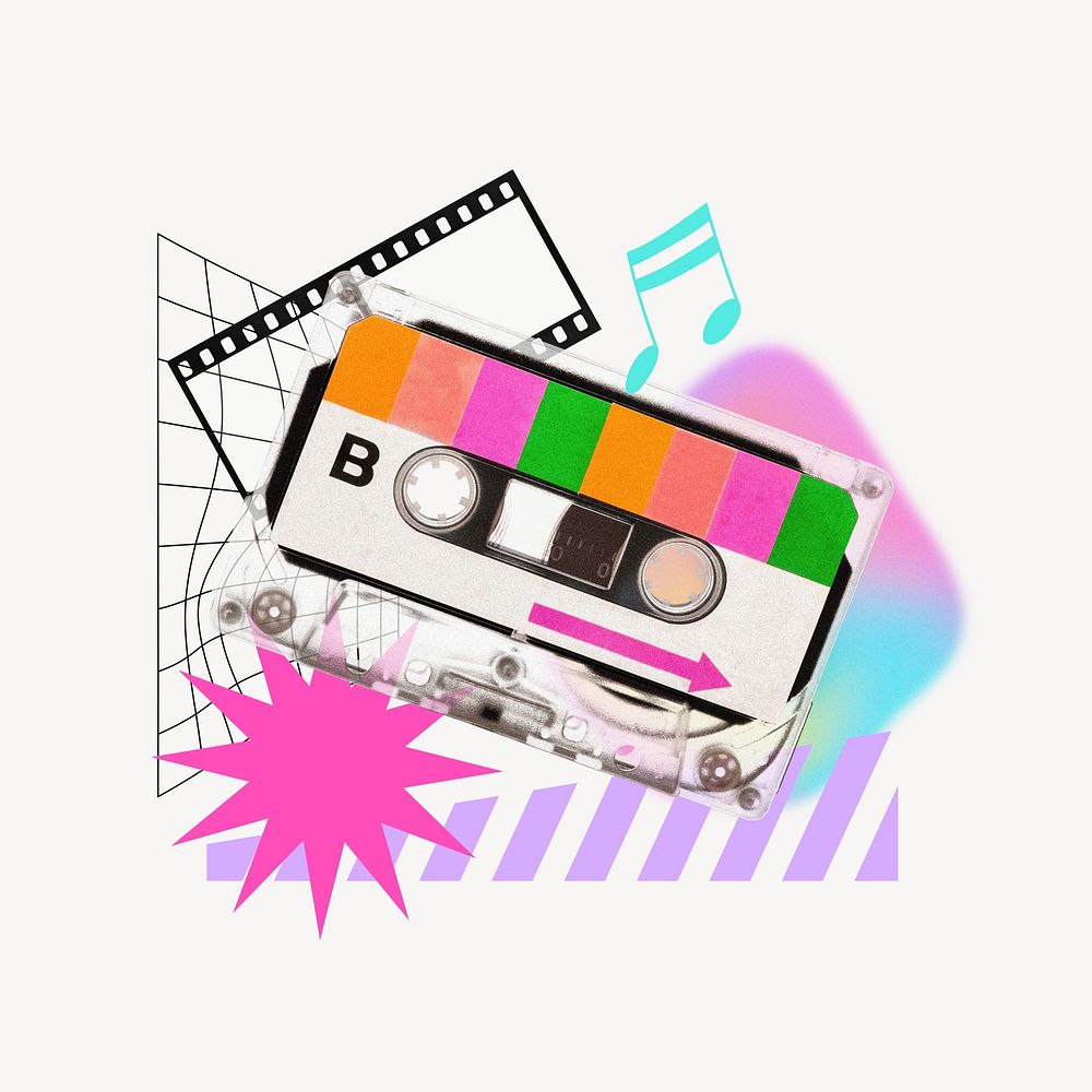 Retro cassette tape, creative pastel holographic remix