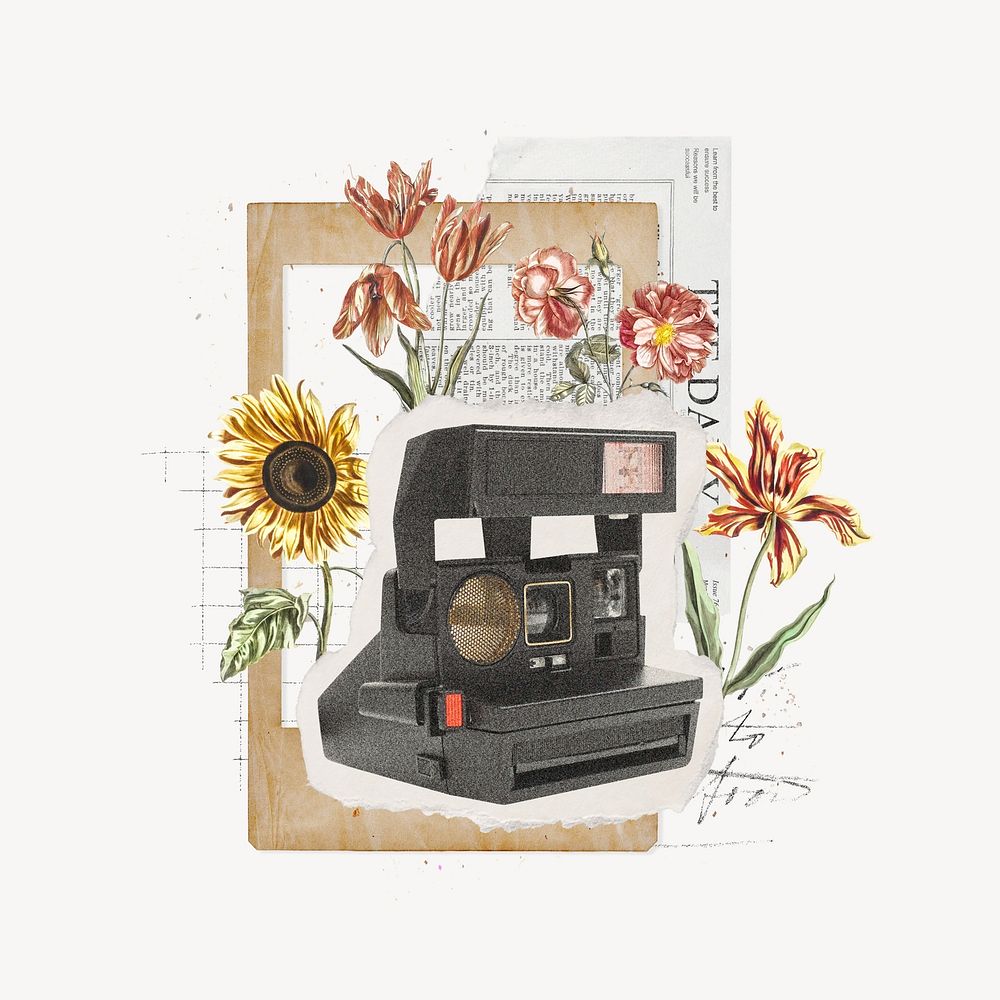 Aesthetic vintage floral camera, collage remix design