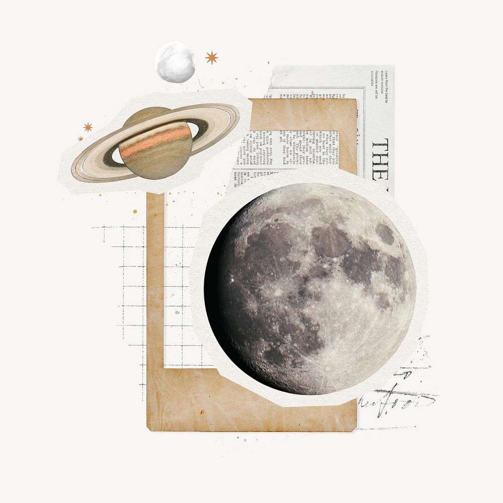 Moon & Saturn, galaxy aesthetic paper collage art