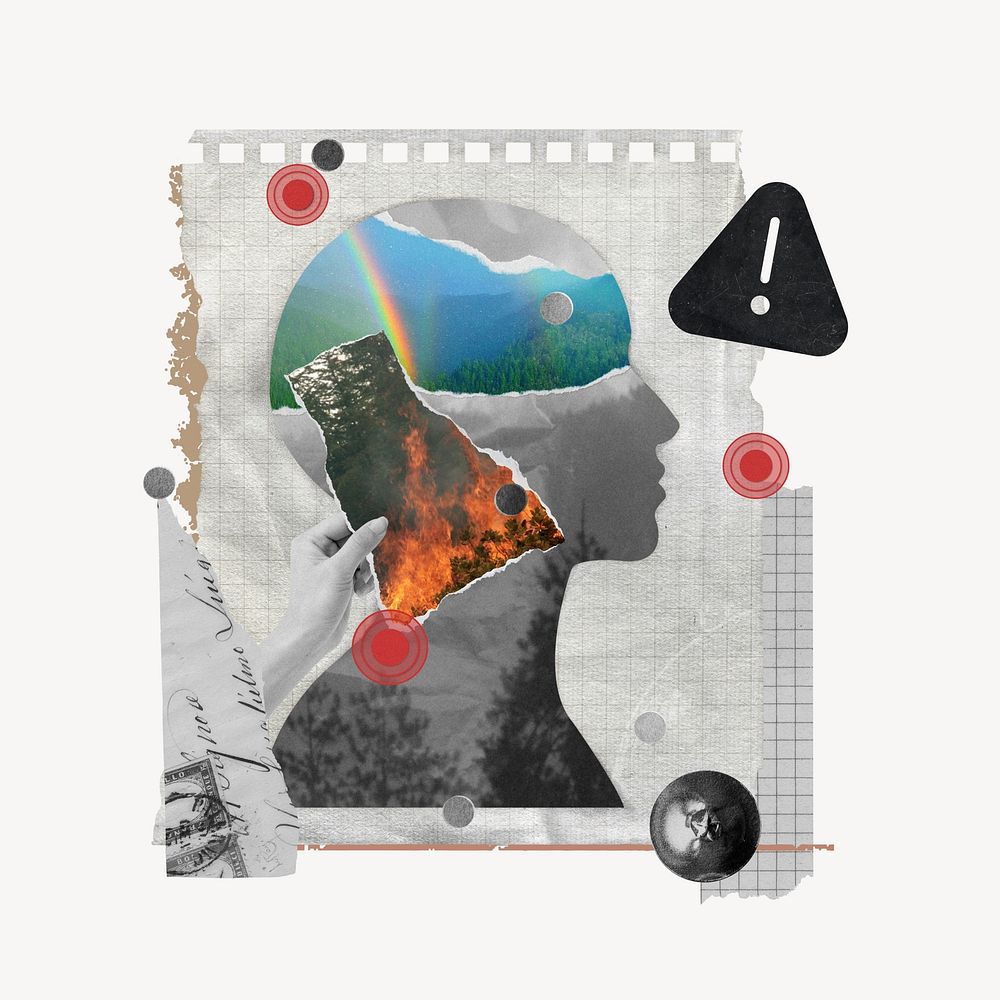 Global warming, note paper collage art with human head silhouette