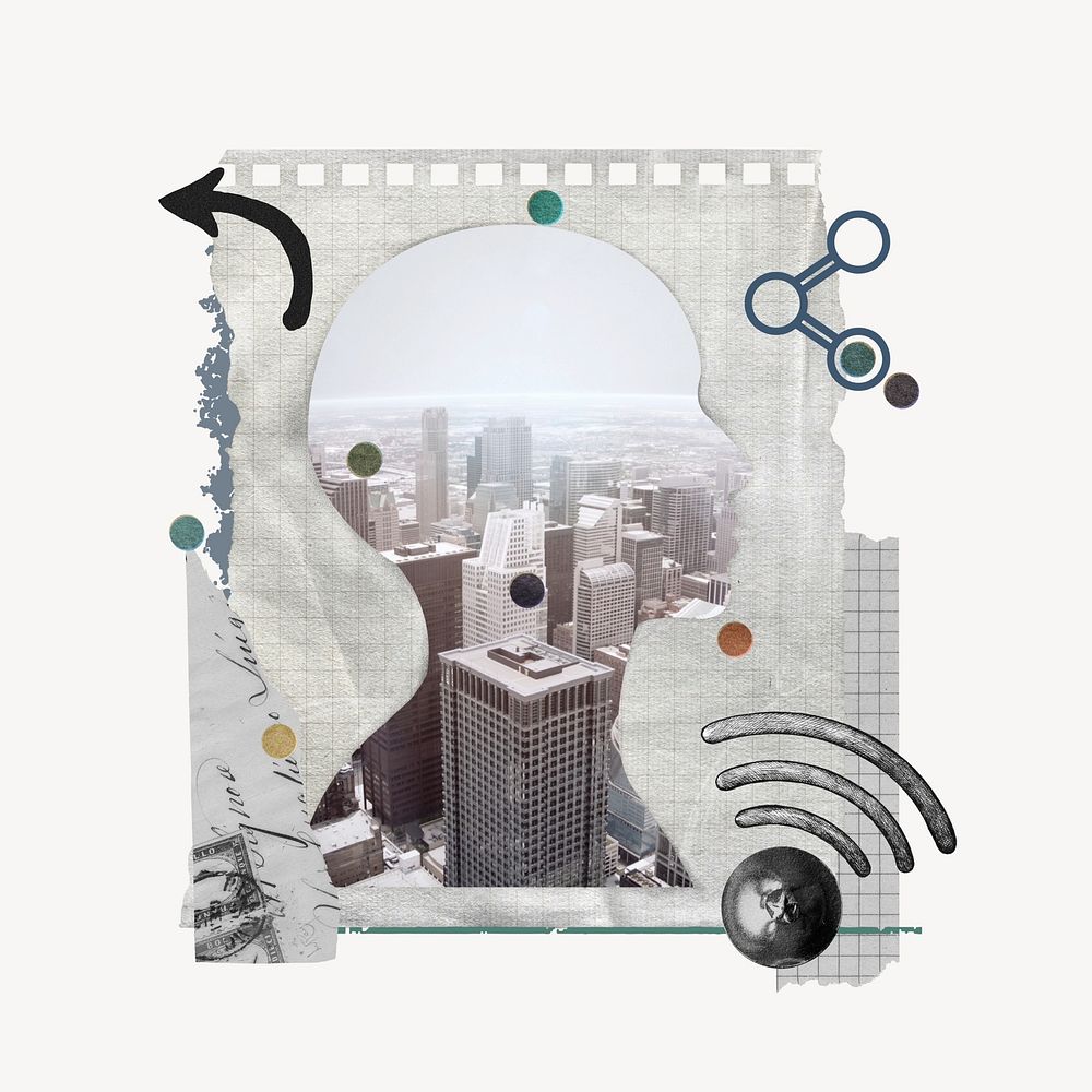 Office buildings, note paper collage art with human head silhouette