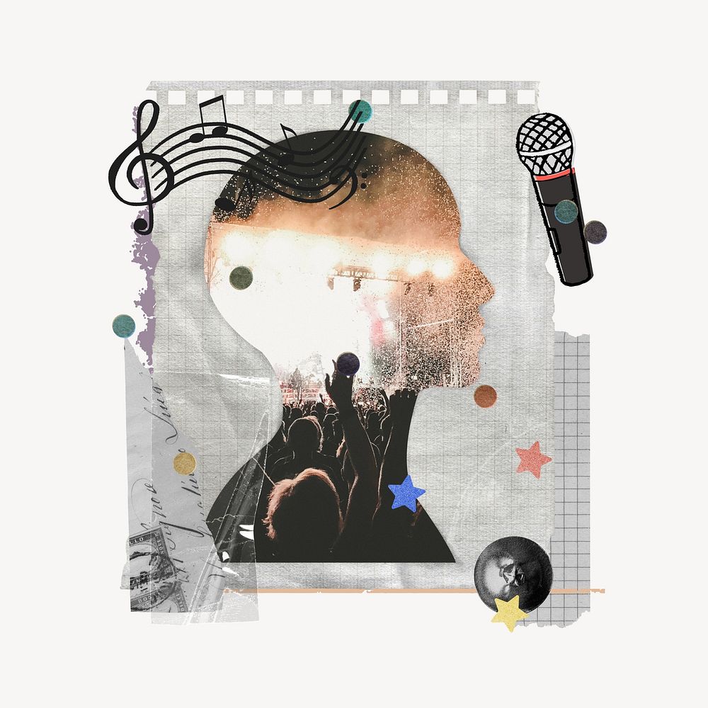 Live music concert, note paper collage art with human head silhouette