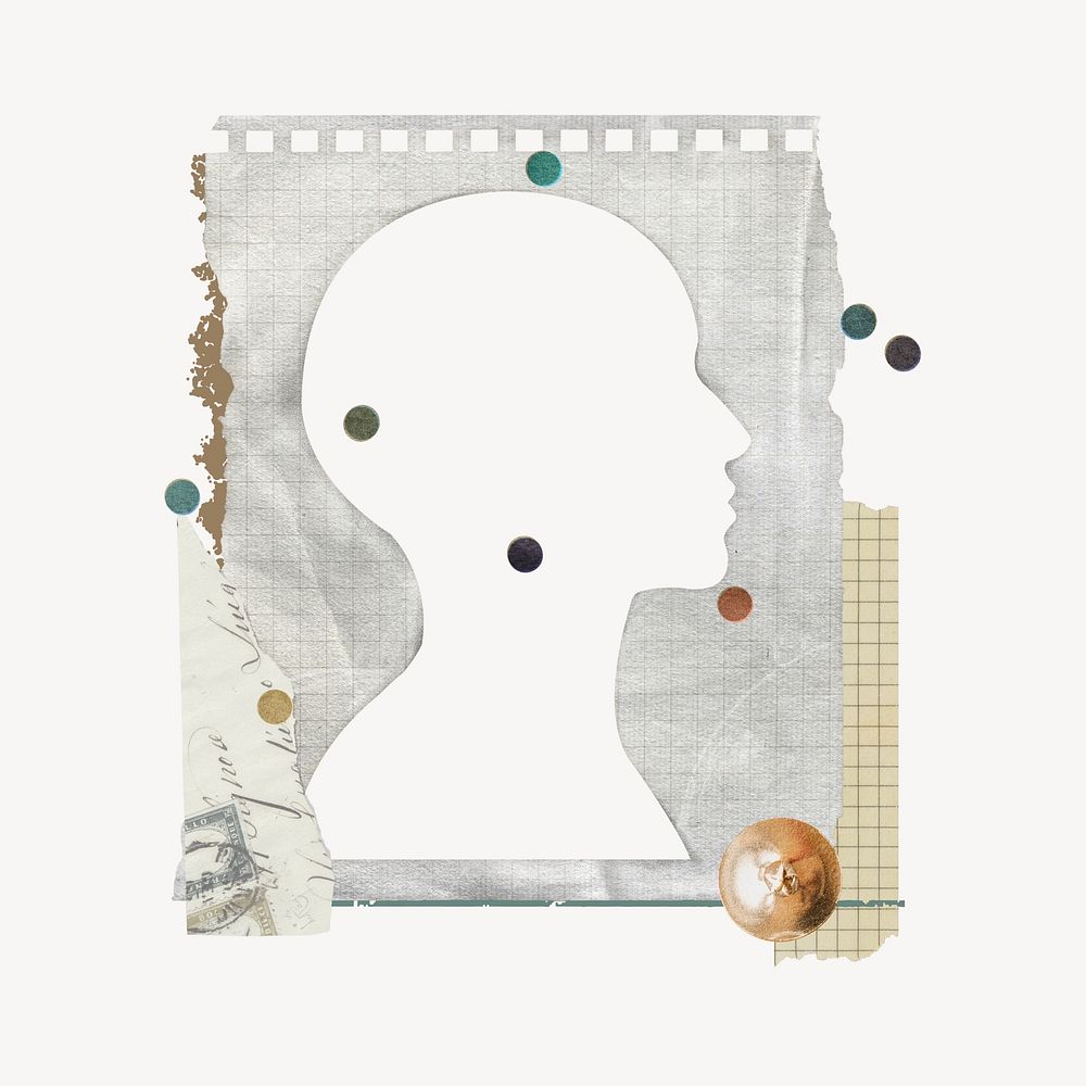 Human head frame, note paper collage art