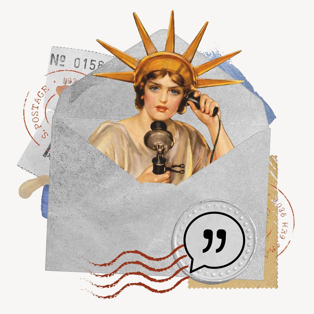 Statue of Liberty, open envelope collage art