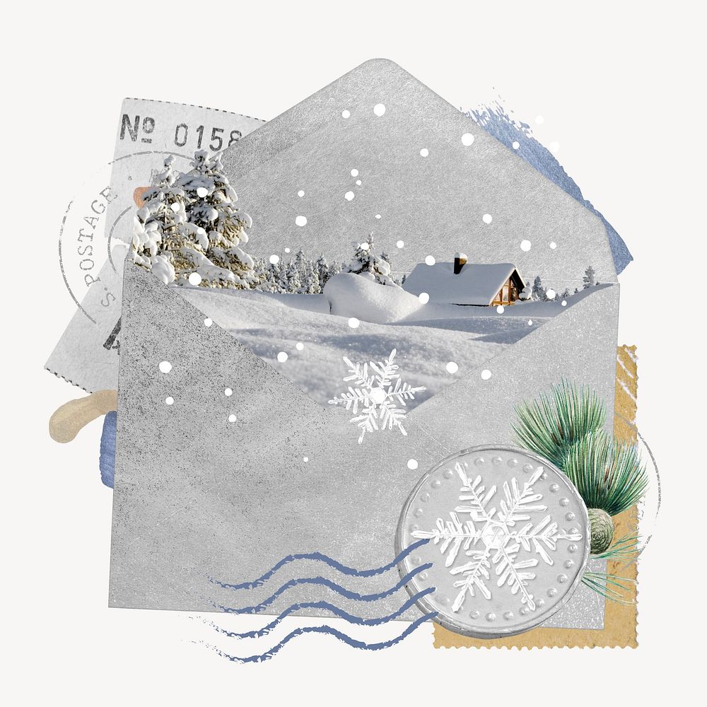 Winter Christmas, open envelope collage art
