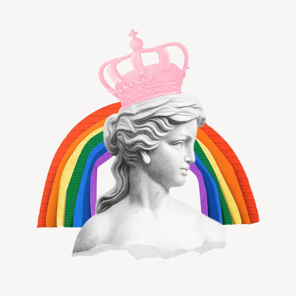 Aesthetic pride month, female sculpture with crown and rainbow collage element