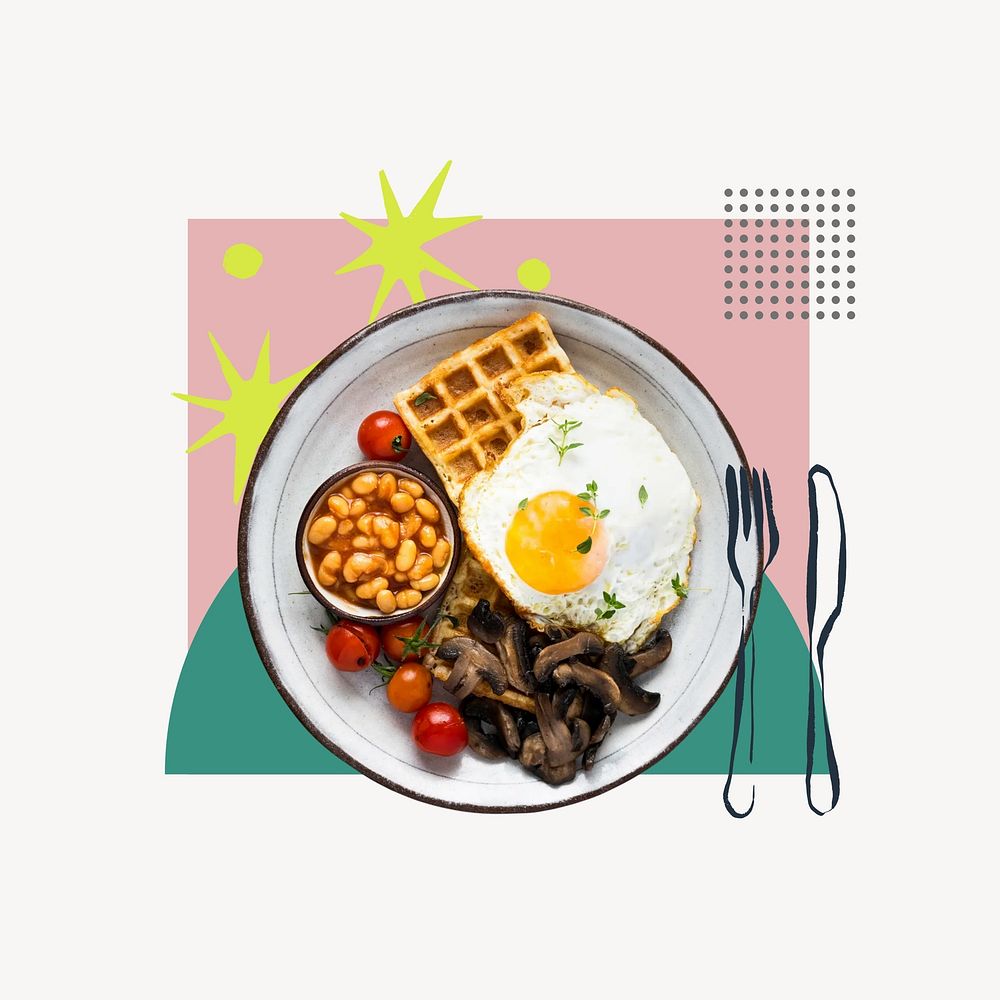 English breakfast, food paper collage art