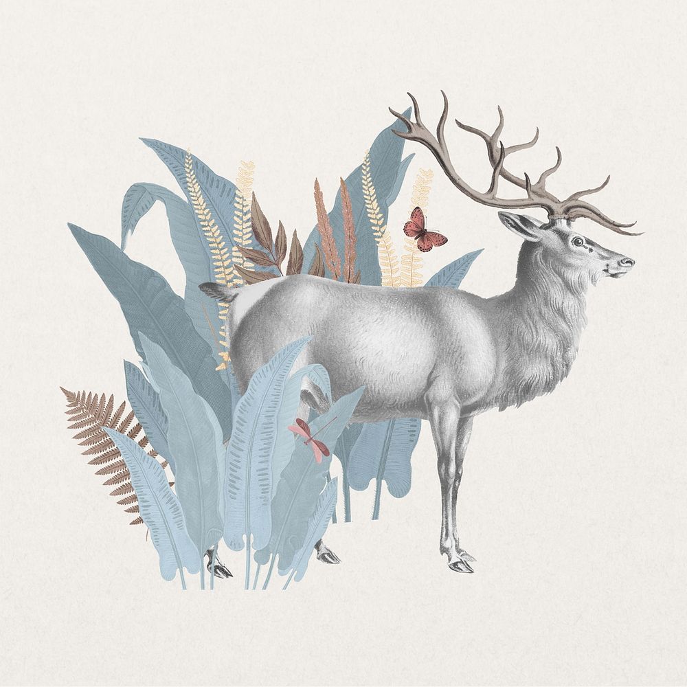 Vintage elk, wild animal botanical remix