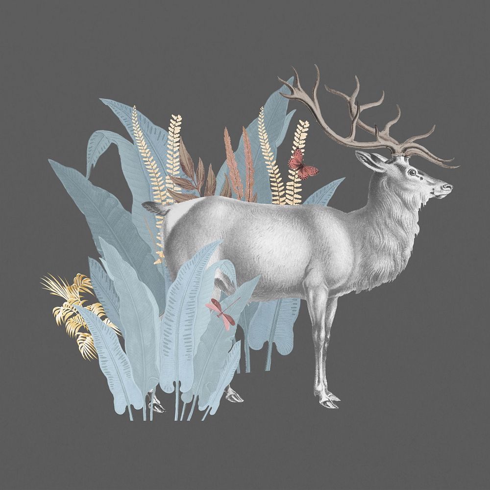 Vintage elk, wild animal botanical remix