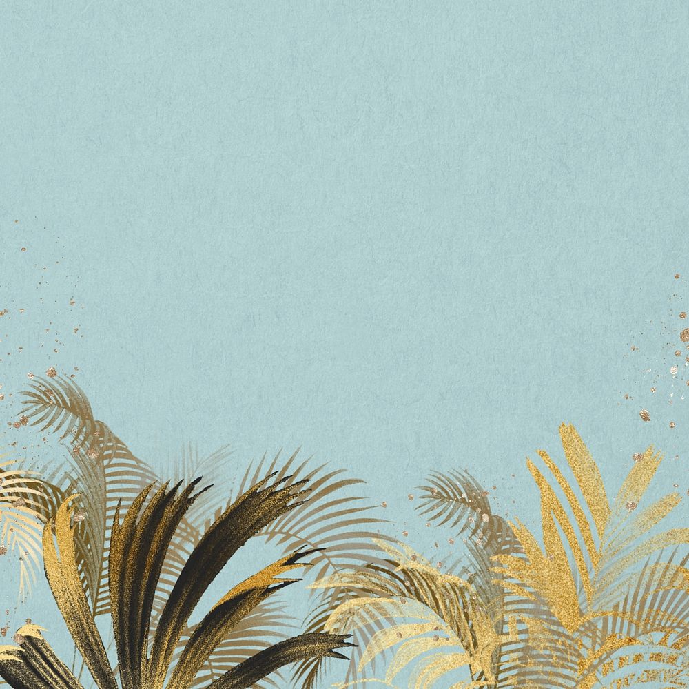 Gold palm leaf background, botanical border blue design