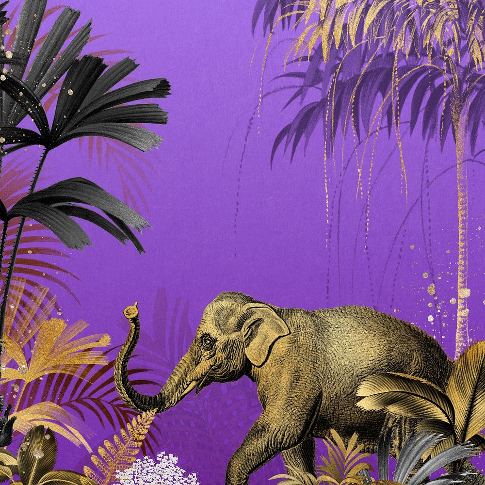 Vintage jungle elephant background, gold wildlife illustration