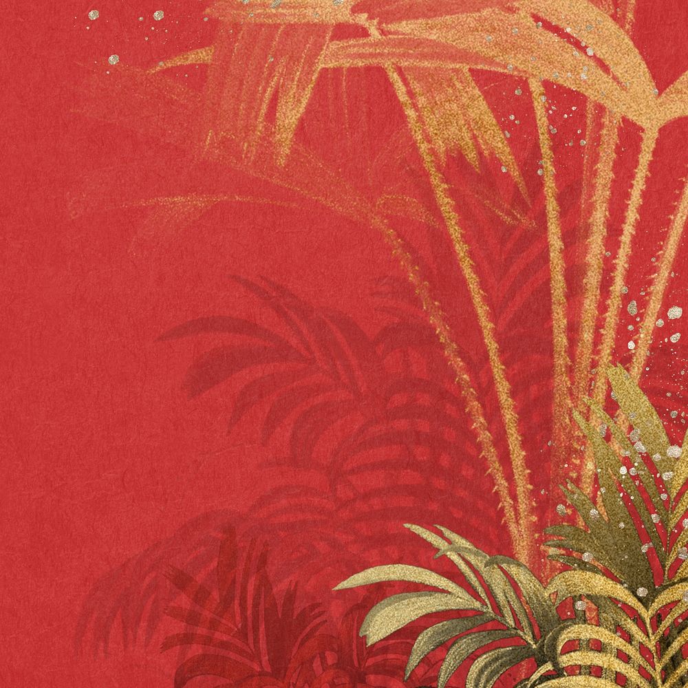 Gold palm leaf background, botanical border red design