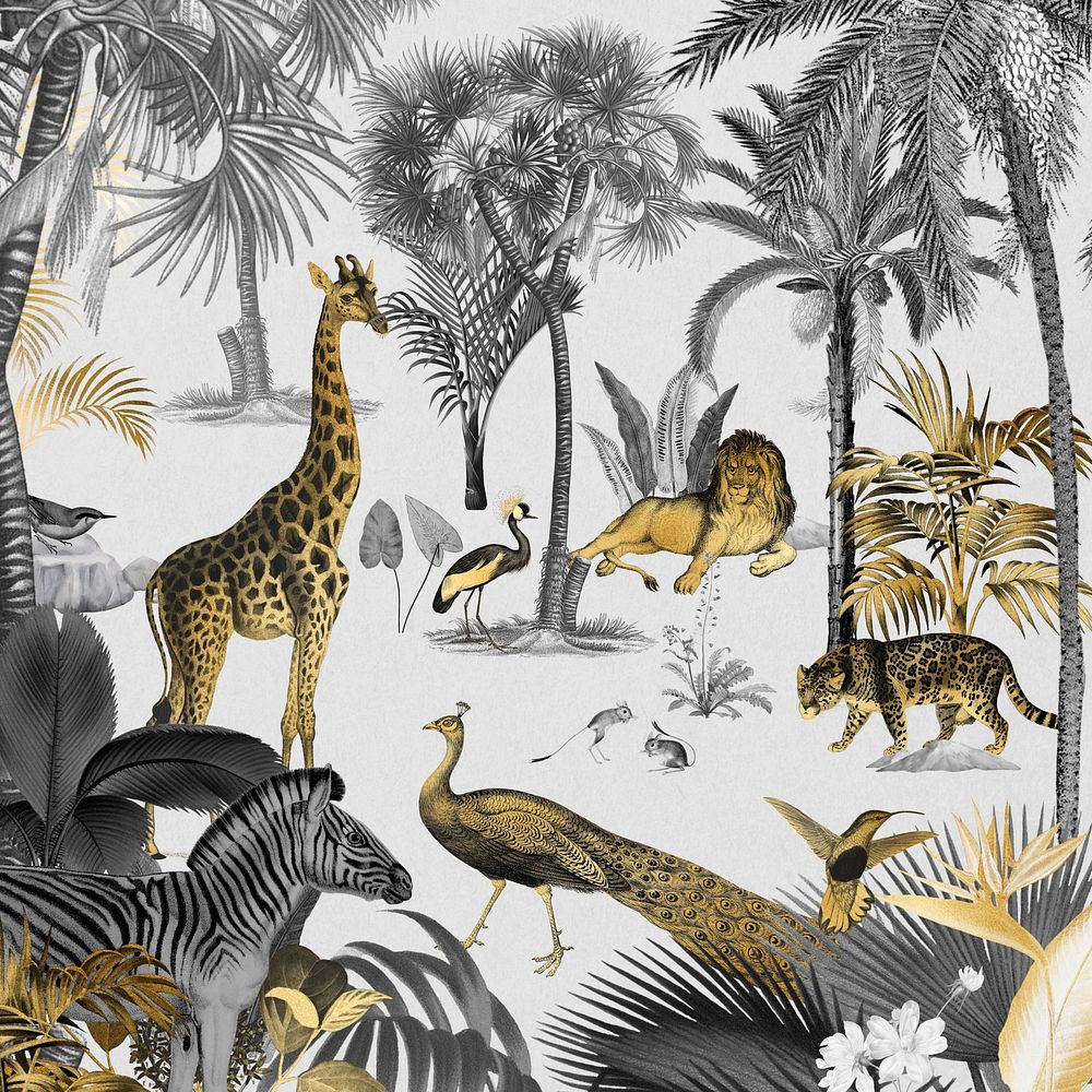 Gold wildlife pattern background, jungle animals illustration