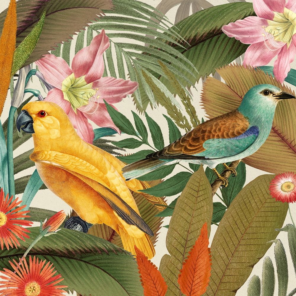 Exotic birds pattern background, jungle illustration