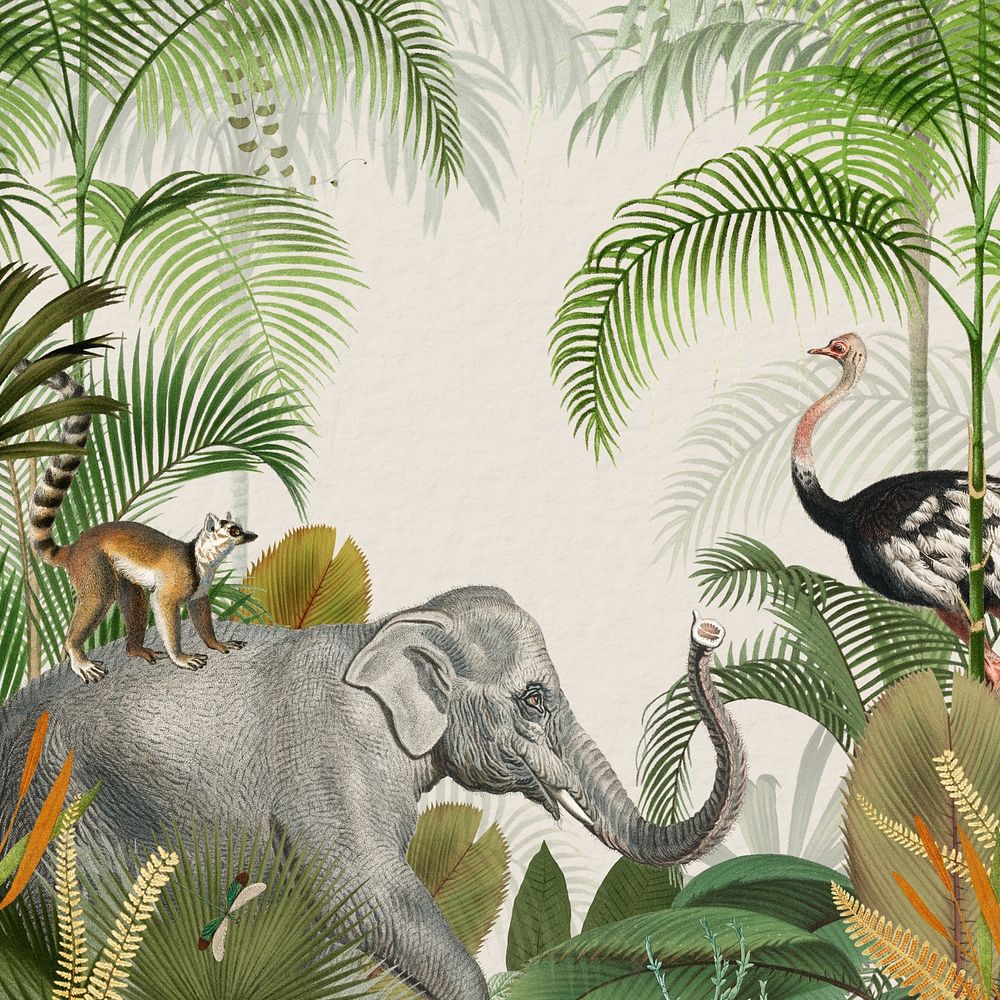 Vintage jungle elephant background, wild animal illustration