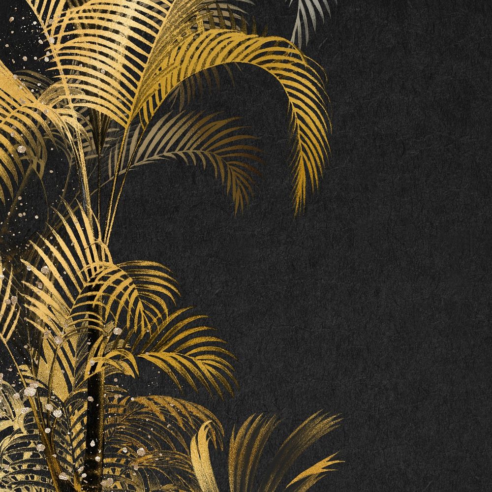 Gold palm leaf background, botanical border black design