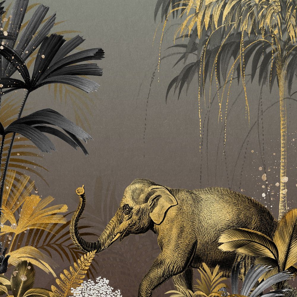 Vintage jungle elephant background, gold wildlife illustration