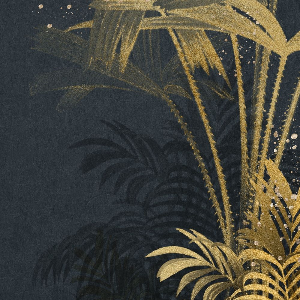 Gold palm leaf background, botanical border blue design