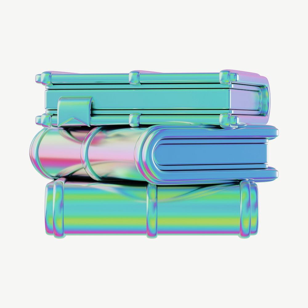 Holographic stacked books, 3D education collage element psd