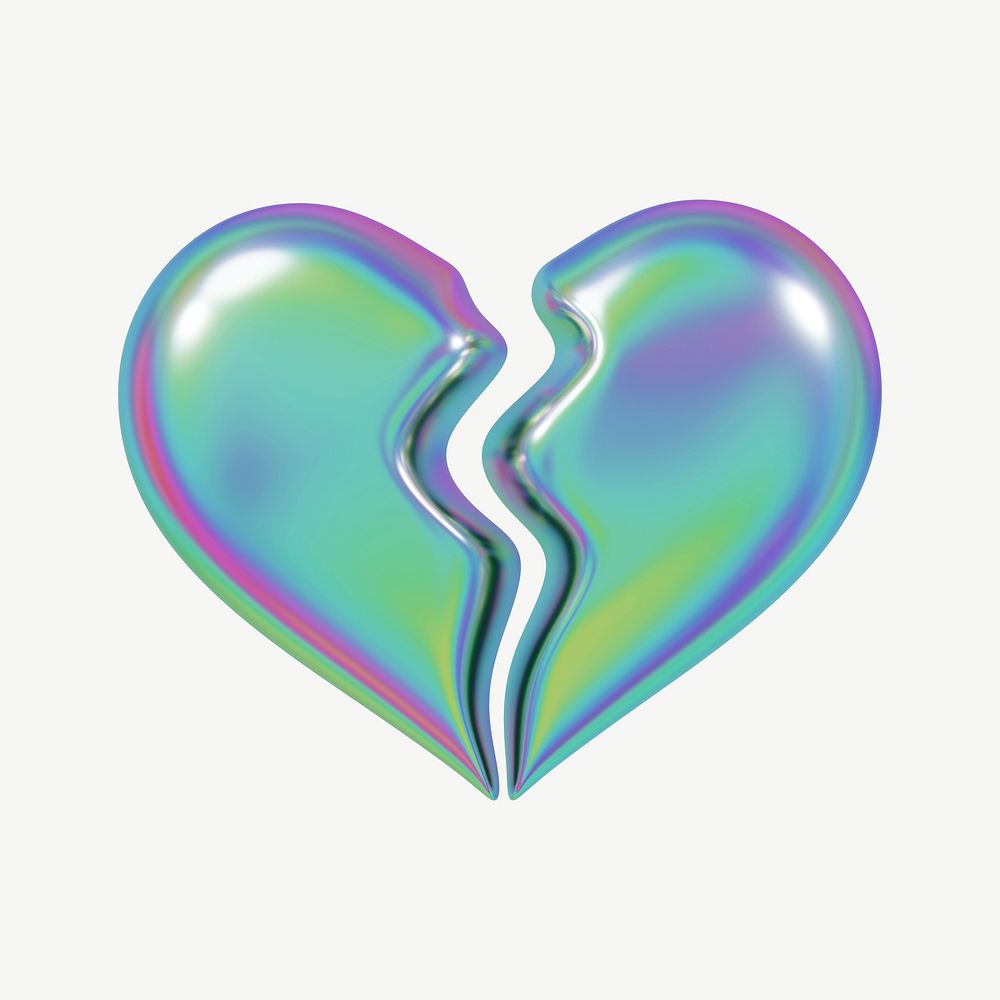 Holographic broken heart, 3D collage element psd