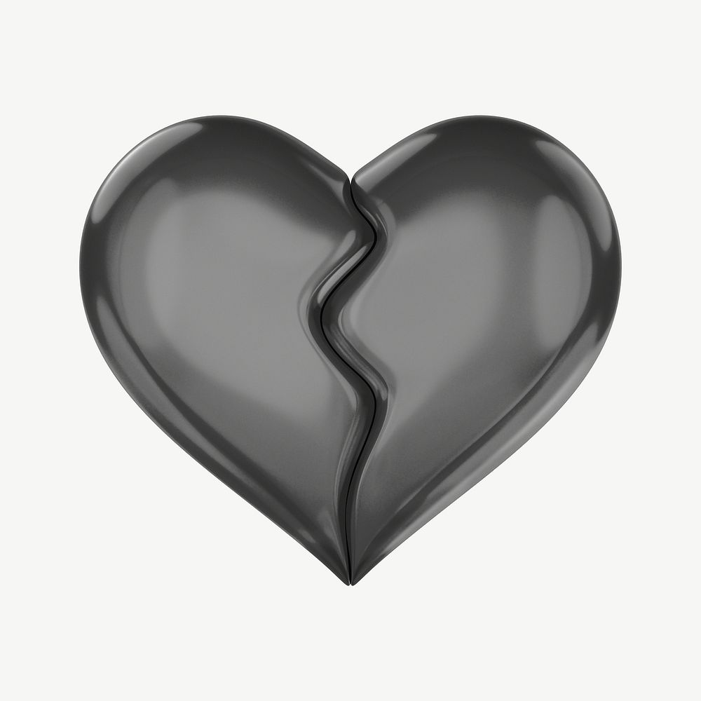 Black broken heart, 3D collage element psd