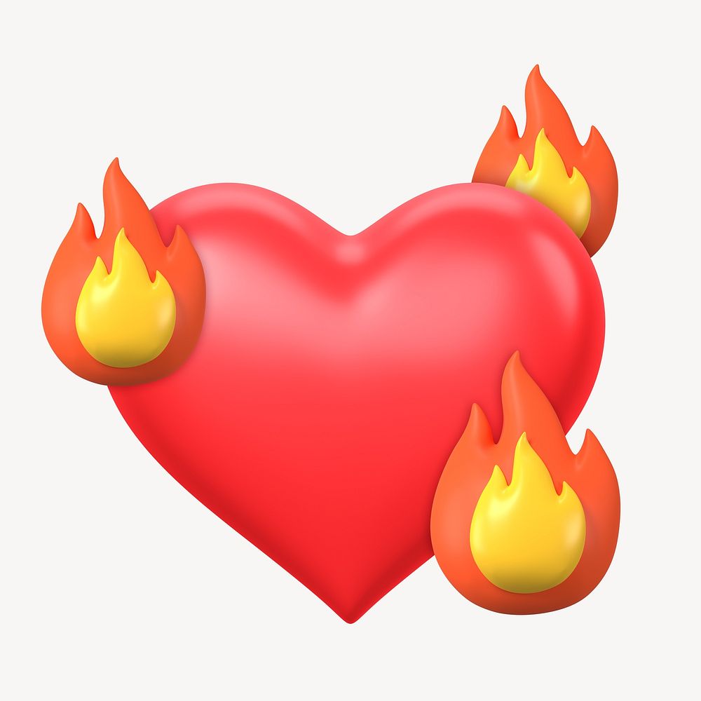 Red flaming heart emoticon, 3D love illustration