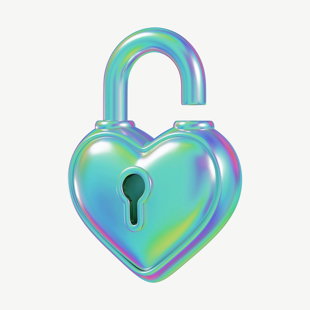 Holographic heart padlock, 3D Valentine's collage element psd