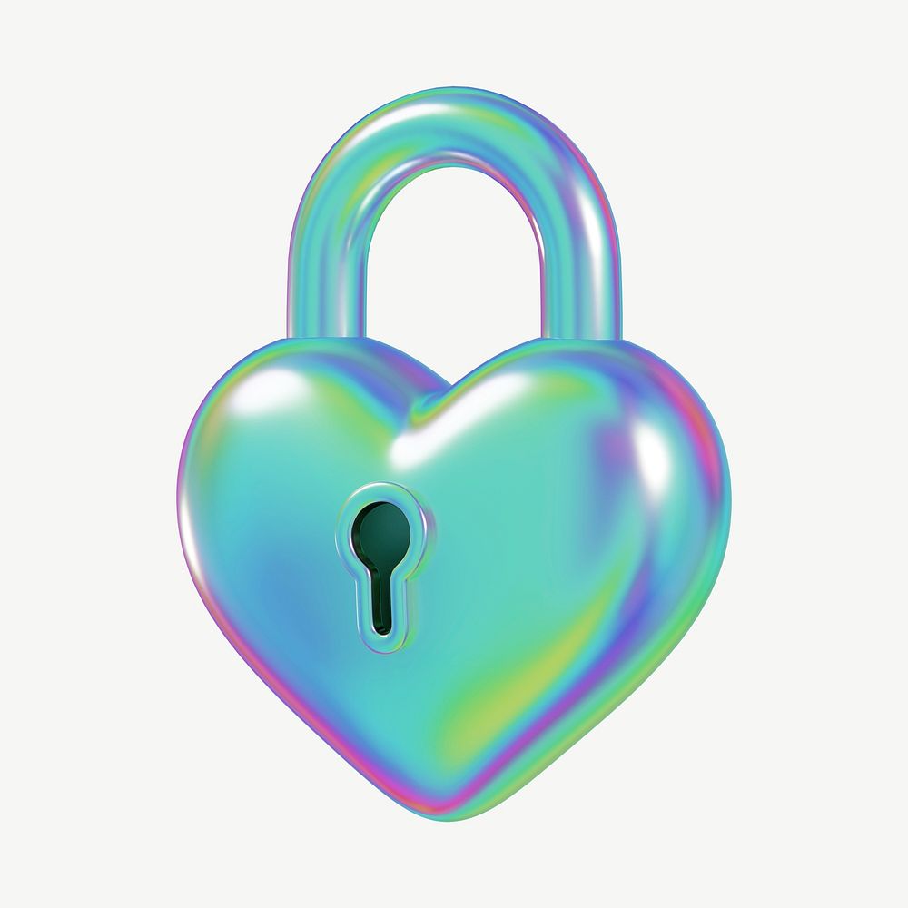 Holographic heart padlock, 3D Valentine's collage element psd