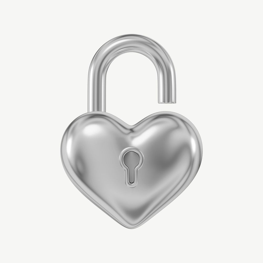 Silver heart padlock, 3D Valentine's collage element psd